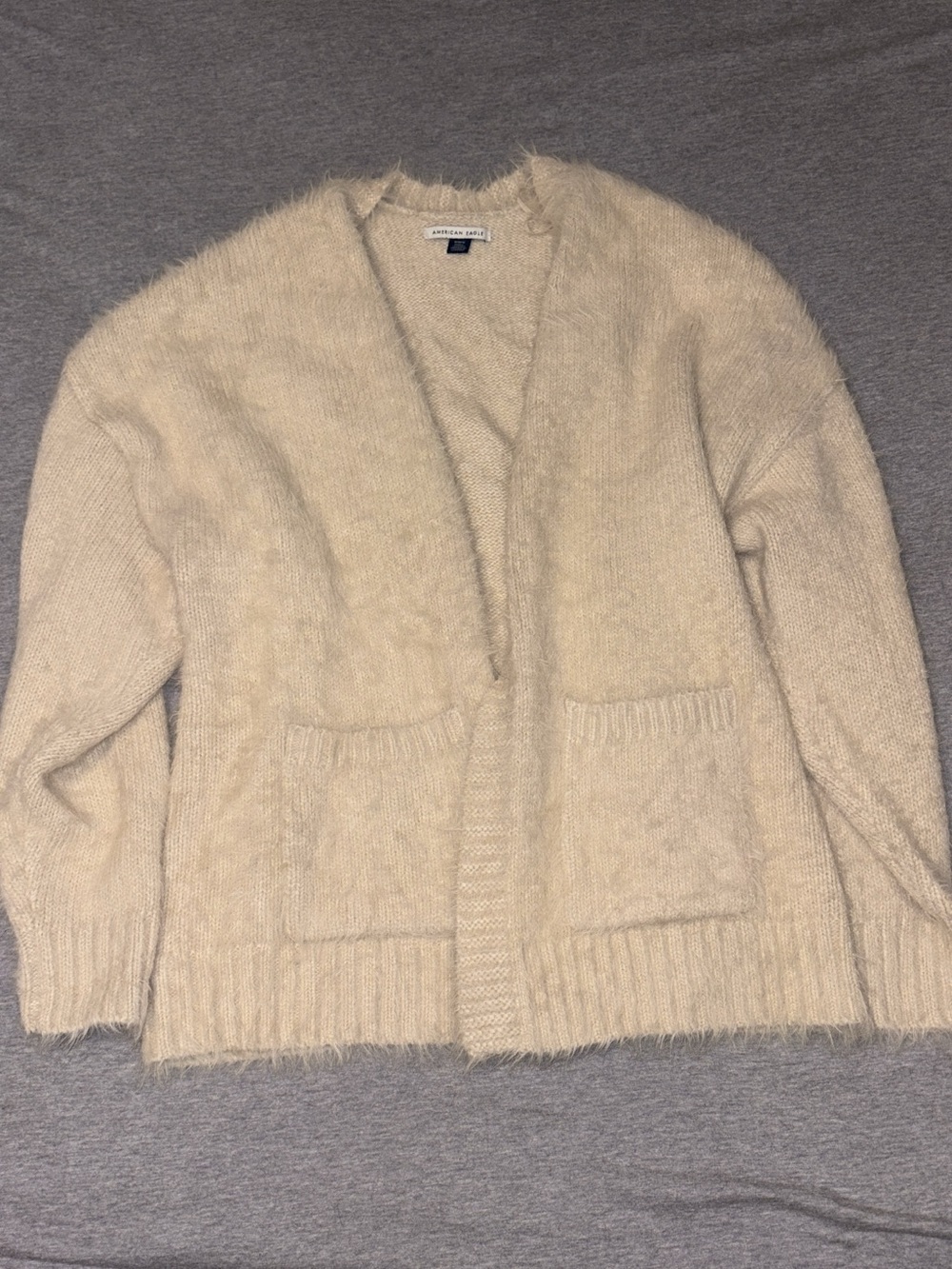 American Eagle Outfitters Cream Fuzzy Open Cardigan with Pockets